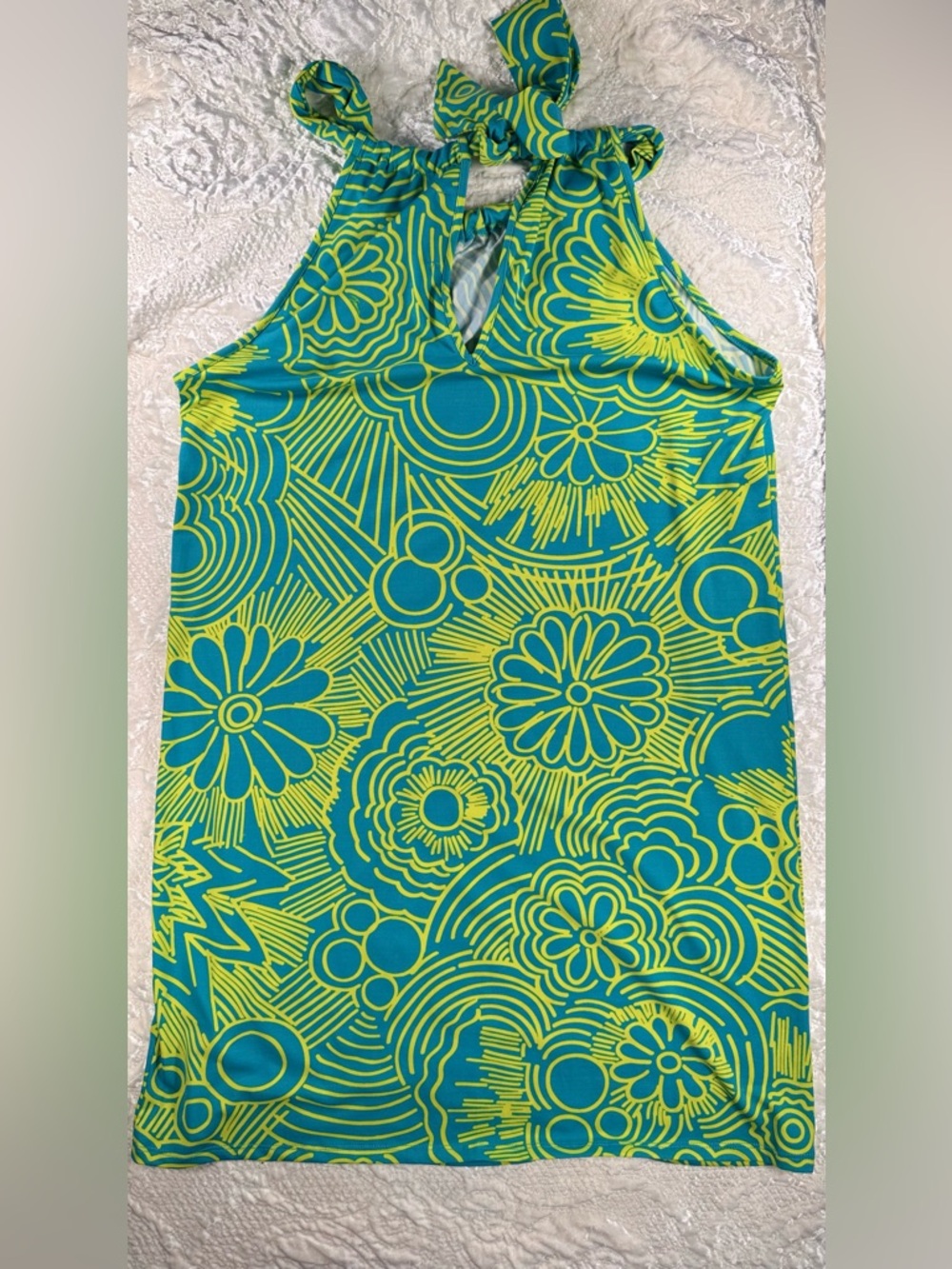 Trina Turk Turquoise and Lime Printed Halter Dress - Picture 4 of 4